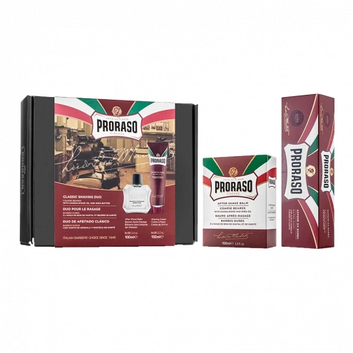 Darčekova sada krém na holenie a balzam po holení pre tvrdé chĺpky Proraso Red - santalové drevo